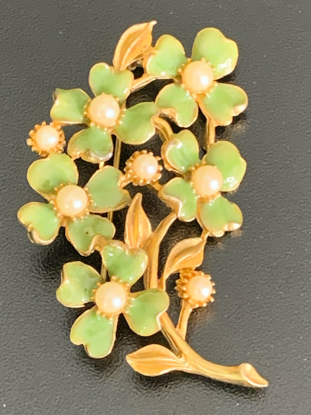 Vintage Gold Plated green enamel flower spray brooch with faux pearl centers